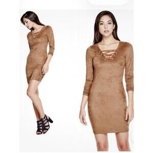 GUESS Faux-Suede Williamsburg Lace-Up Mini Dress in Camel Brown Small